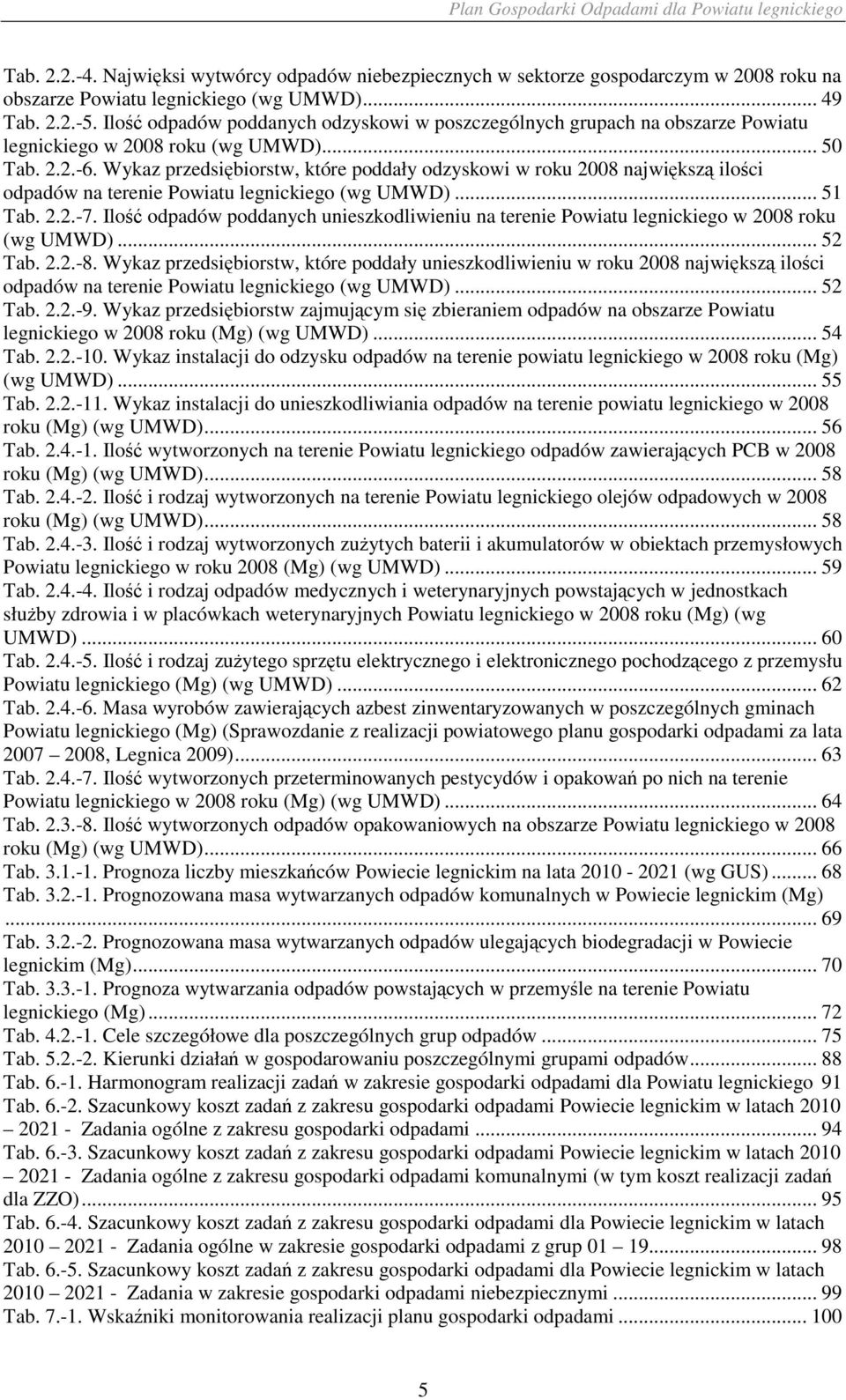 Wykaz przedsiębiorstw, które poddały odzyskowi w roku 2008 największą ilości odpadów na terenie Powiatu legnickiego (wg UMWD)... 51 Tab. 2.2.-7.