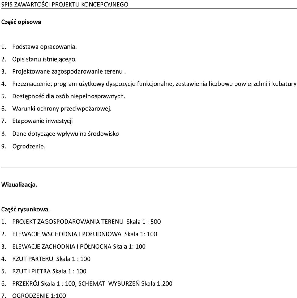 7. Etapowanie inwestycji 8. Dane dotyczące wpływu na środowisko 9. Ogrodzenie. Wizualizacja. Część rysunkowa. 1. PROJEKT ZAGOSPODAROWANIA TERENU Skala 1 : 500 2.