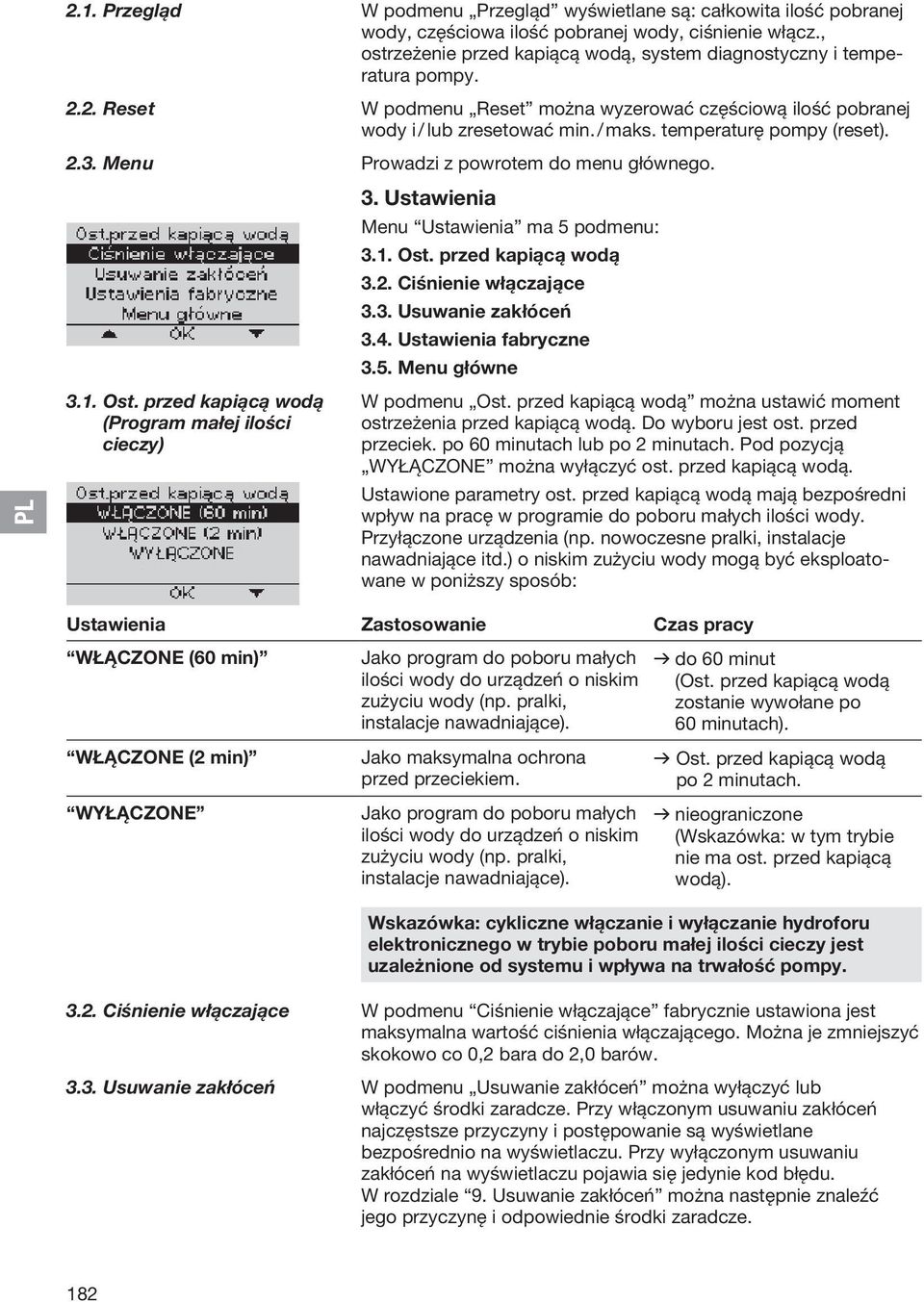 temperaturę pompy (reset). 2.3. Menu Prowadzi z powrotem do menu głównego. 3.1. Ost. przed kapiącą wodą (Program małej ilości cieczy) 3. Ustawienia Menu Ustawienia ma 5 podmenu: 3.1. Ost. przed kapiącą wodą 3.