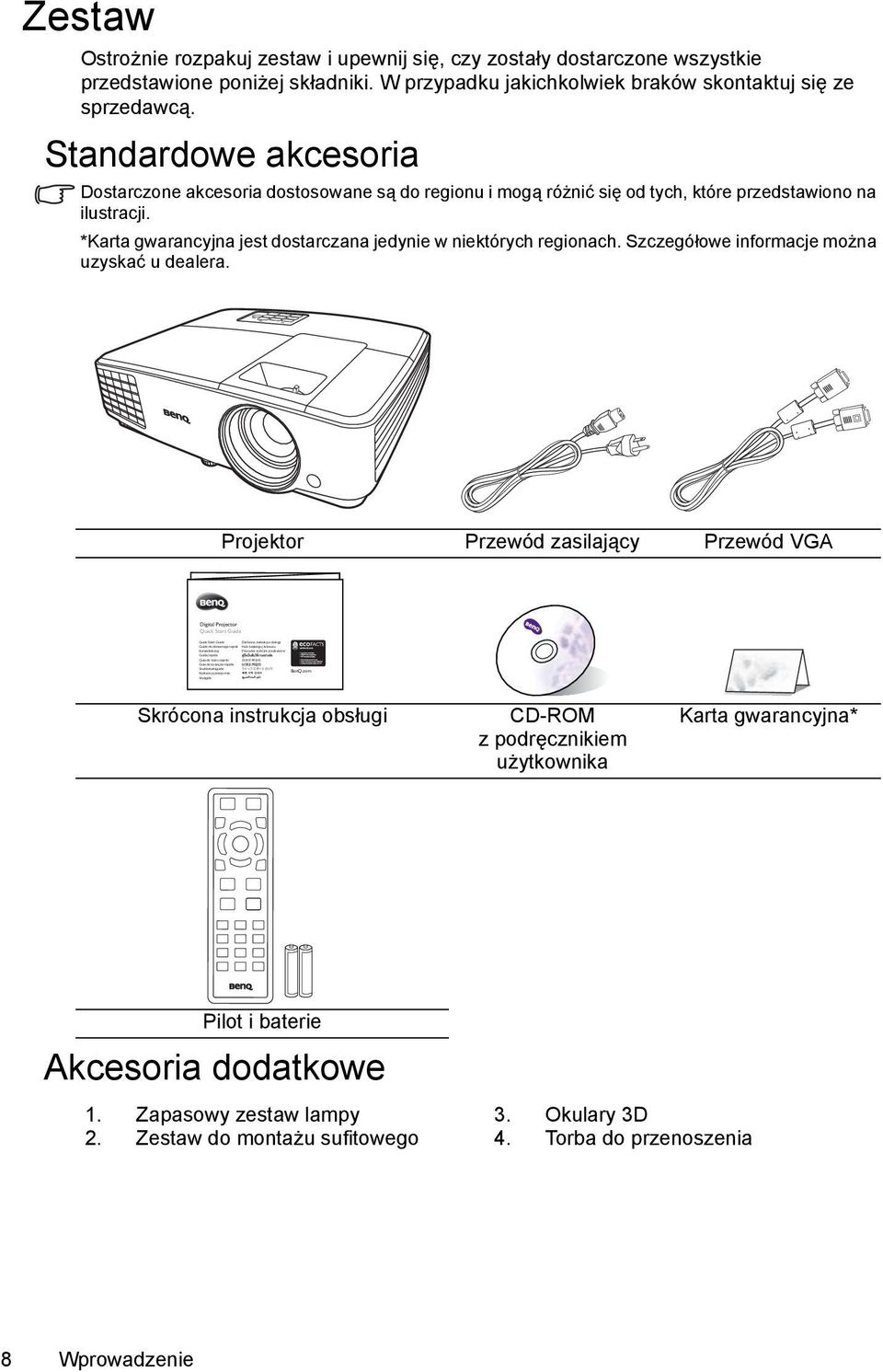 W przypadku jakichkolwiek braków skontaktuj się ze sprzedawcą. Standardowe akcesoria Dostarczone akcesoria dostosowane są do regionu i mogą różnić się od tych, które przedstawiono na ilustracji.