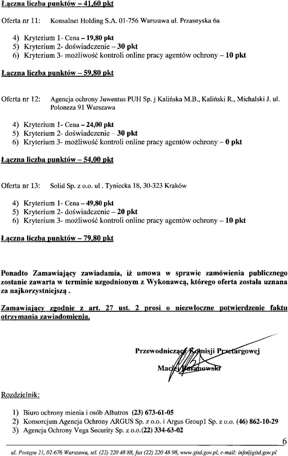 Poloneza 91 Warszawa 4) Kryterium 1- Cena - 24,00 pkt 6) Kryterium 3- mozliwosc kontroli online pracy agentow ochrony - 0 pkt Laczna liczba punktow - 54.00 pkt Oferta nr 13: Solid Sp. z o.o. ul.