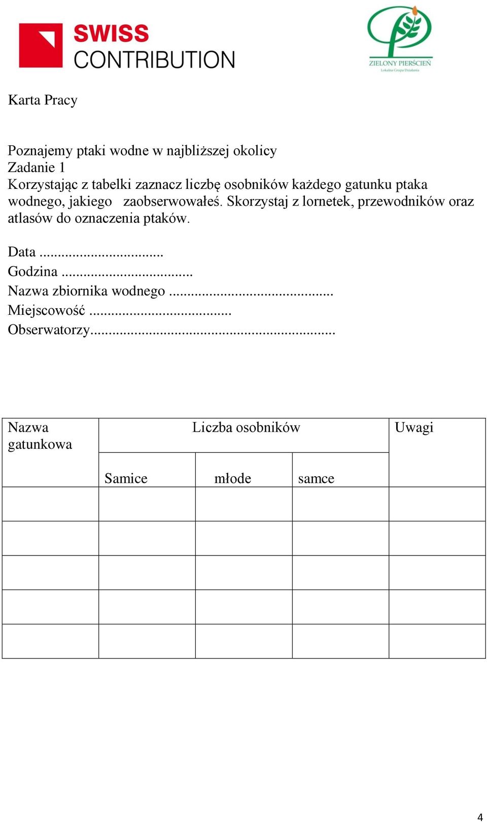 Skorzystaj z lornetek, przewodników oraz atlasów do oznaczenia ptaków. Data... Godzina.