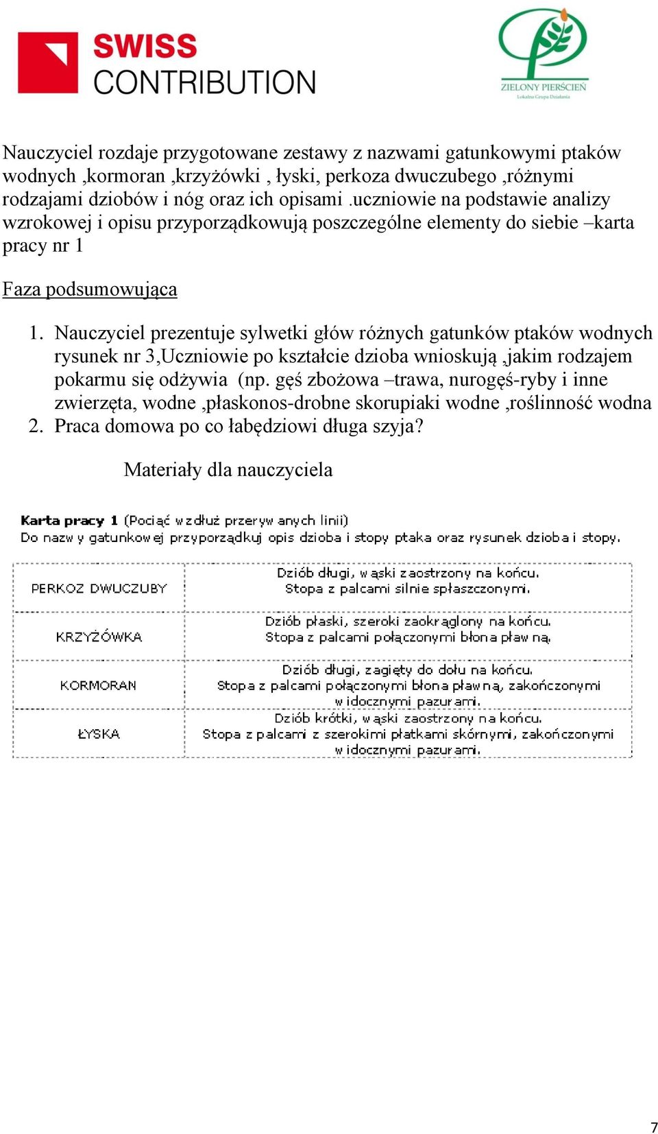 Nauczyciel prezentuje sylwetki głów różnych gatunków ptaków wodnych rysunek nr 3,Uczniowie po kształcie dzioba wnioskują,jakim rodzajem pokarmu się odżywia (np.