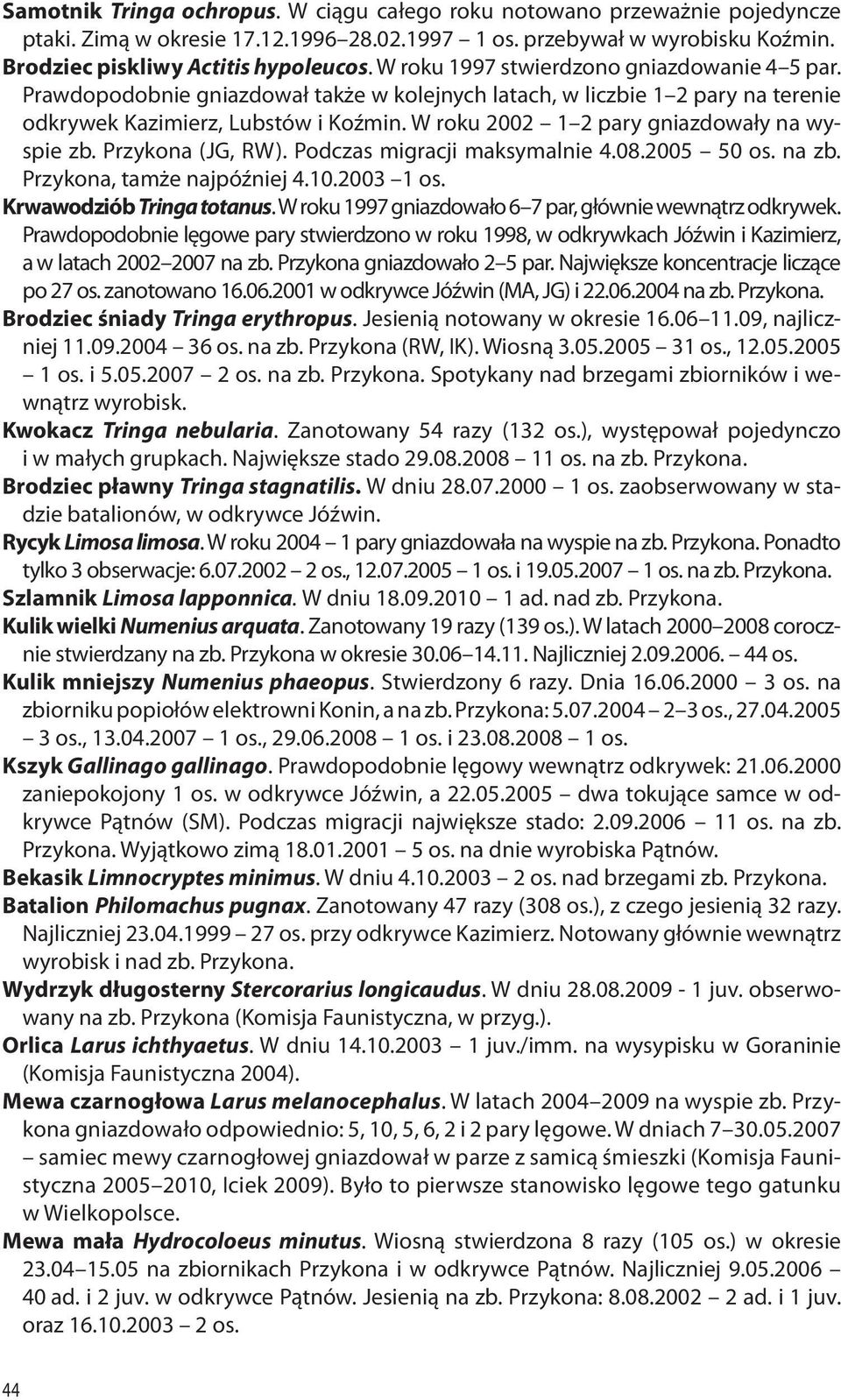 W roku 2002 1 2 pary gniazdowały na wyspie zb. Przykona (JG, RW). Podczas migracji maksymalnie 4.08.2005 50 os. na zb. Przykona, tamże najpóźniej 4.10.2003 1 os. Krwawodziób Tringa totanus.