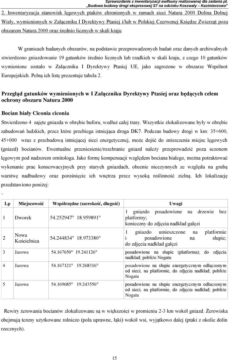 licznych lub rzadkich w skali kraju, z czego 10 gatunków wymienione zostało w Załączniku I Dyrektywy Ptasiej UE, jako zagrożone w obszarze Wspólnot Europejskich. Pełną ich listę prezentuje tabela 2.