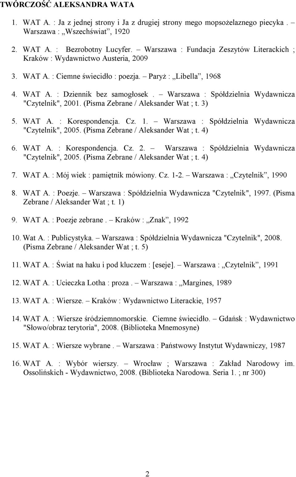 Warszawa : Spółdzielnia Wydawnicza "Czytelnik", 2001. (Pisma Zebrane / Aleksander Wat ; t. 3) 5. WAT A. : Korespondencja. Cz. 1. Warszawa : Spółdzielnia Wydawnicza "Czytelnik", 2005.