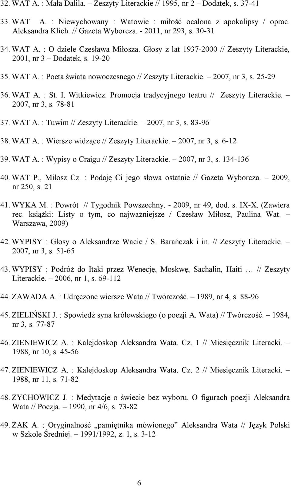 2007, nr 3, s. 25-29 36. WAT A. : St. I. Witkiewicz. Promocja tradycyjnego teatru // Zeszyty Literackie. 2007, nr 3, s. 78-81 37. WAT A. : Tuwim // Zeszyty Literackie. 2007, nr 3, s. 83-96 38. WAT A. : Wiersze widzące // Zeszyty Literackie.