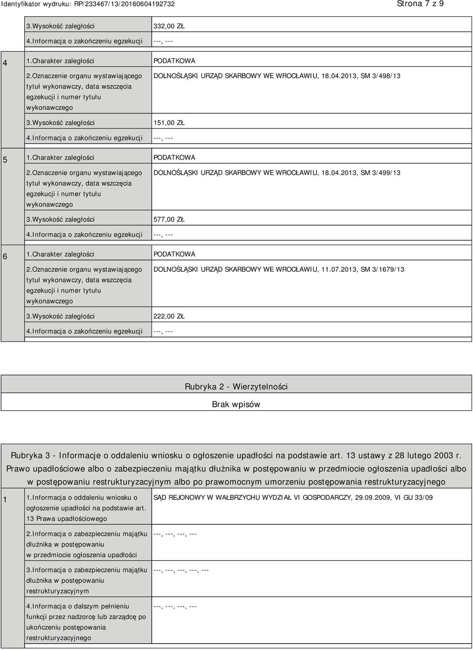 2013, SM 3/1679/13 222,00 ZŁ Rubryka 2 - Wierzytelności Rubryka 3 - Informacje o oddaleniu wniosku o ogłoszenie upadłości na podstawie art. 13 ustawy z 28 lutego 2003 r.