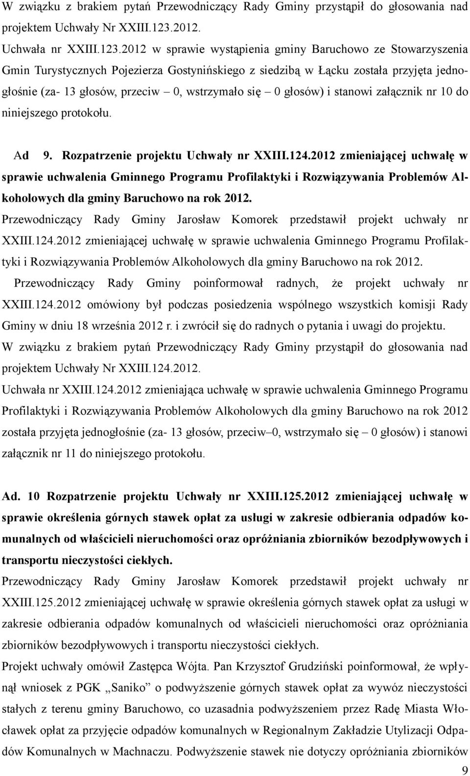 2012 w sprawie wystąpienia gminy Baruchowo ze Stowarzyszenia Gmin Turystycznych Pojezierza Gostynińskiego z siedzibą w Łącku została przyjęta jednogłośnie (za- 13 głosów, przeciw 0, wstrzymało się 0