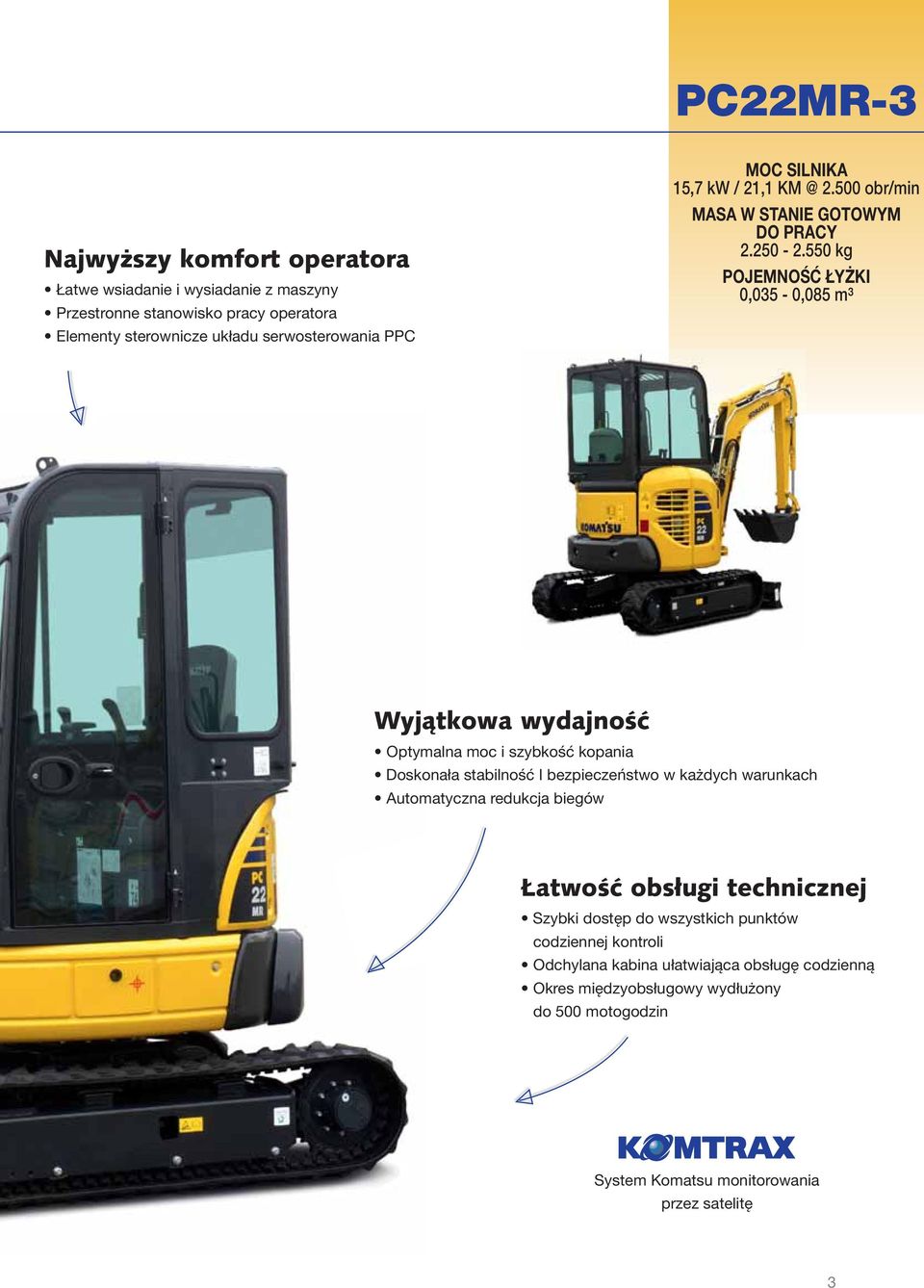 550 kg POJEMNOŚĆ ŁYŻKI 0,035-0,085 m³ Wyjątkowa wydajność Optymalna moc i szybkość kopania Doskonała stabilność I bezpieczeństwo w każdych warunkach Automatyczna