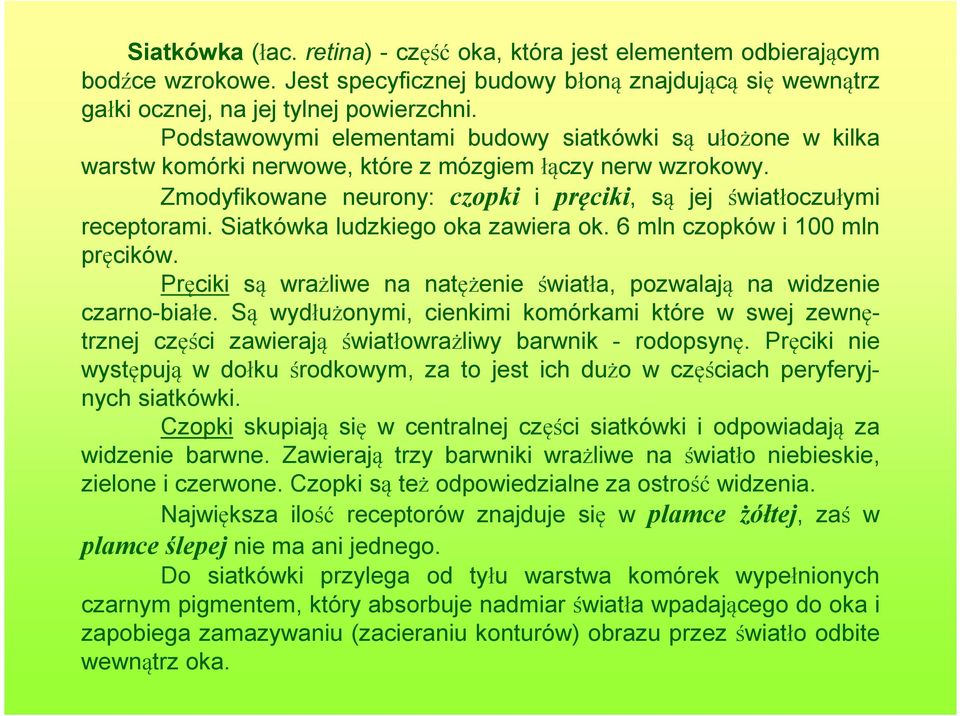 Siatkówka ludzkiego oka zawiera ok. 6 mln czopków i 100 mln pręcików. Pręciki są wrażliwe na natężenie światła, pozwalają na widzenie czarno-białe.