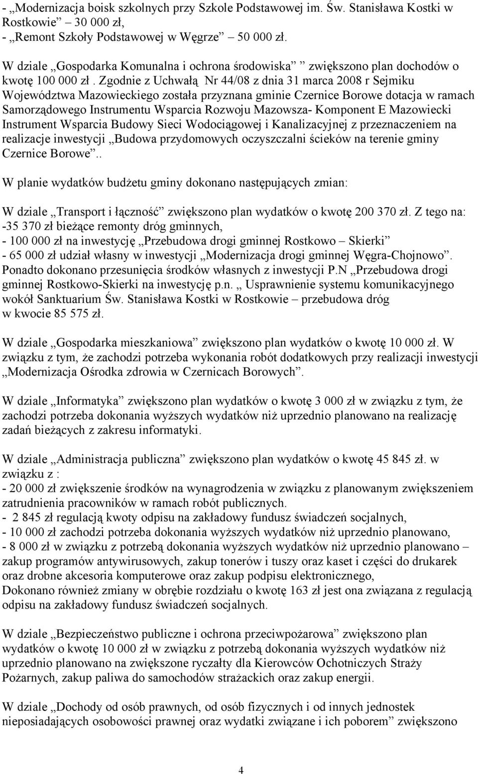Zgodnie z Uchwałą Nr 44/08 z dnia 31 marca 2008 r Sejmiku Województwa Mazowieckiego została przyznana gminie Czernice Borowe dotacja w ramach Samorządowego Instrumentu Wsparcia Rozwoju Mazowsza-