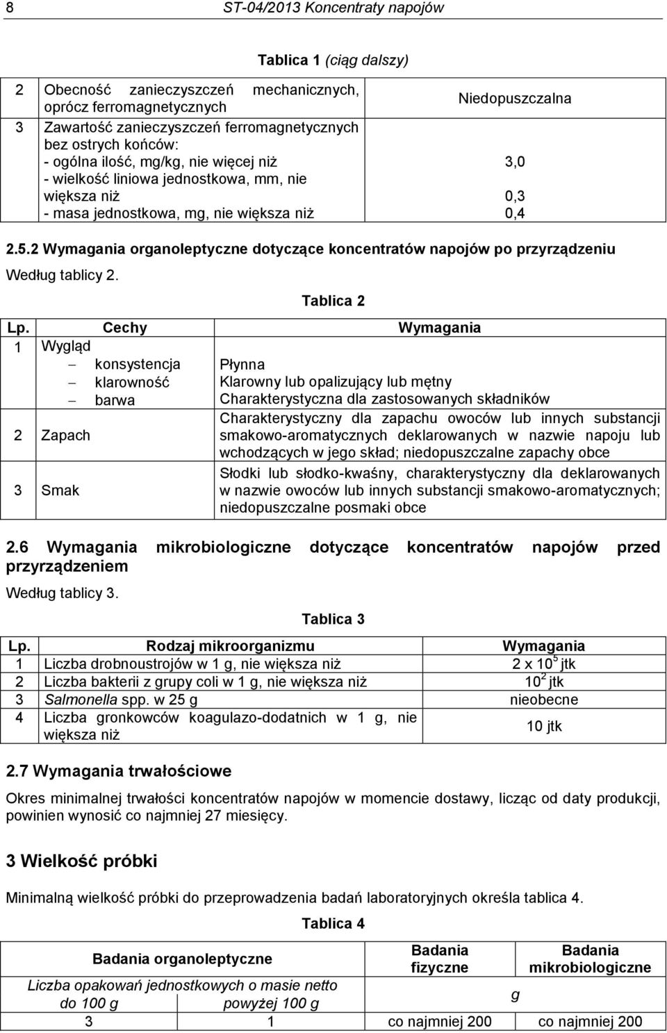 2 Wymagania organoleptyczne dotyczące koncentratów napojów po przyrządzeniu Według tablicy 2. Tablica 2 Lp.