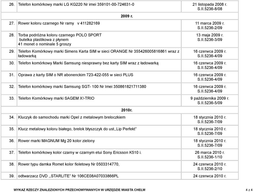 Telefon Komórkowy marki Simens Karta SIM w sieci ORANGE Nr 355426005816861 wraz z ładowarką 13 maja 2009 r. S.II.5236-3/09 16 czerwca 2009 r. S.II.5236-4/09 30.