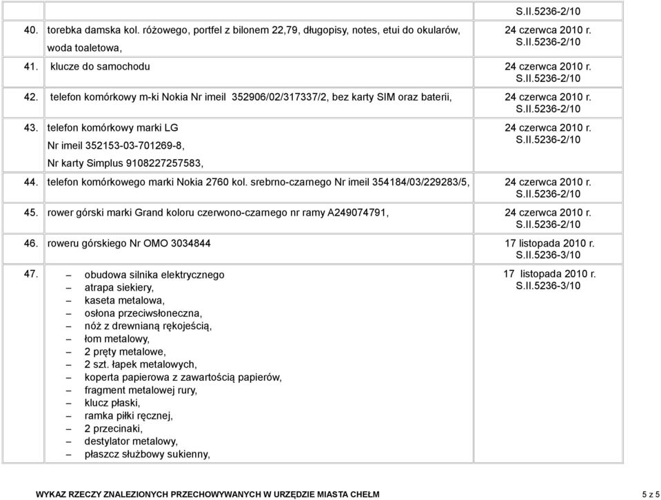 telefon komórkowy marki LG Nr imeil 352153-03-701269-8, Nr karty Simplus 9108227257583, 24 czerwca 2010 r. 44. telefon komórkowego marki Nokia 2760 kol.