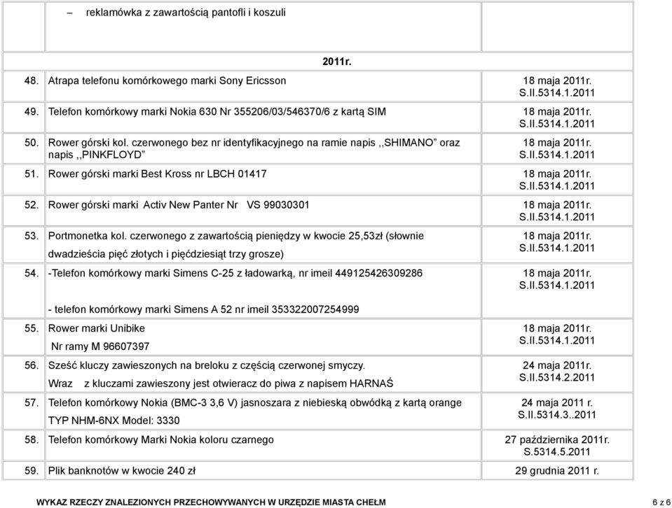 czerwonego bez nr identyfikacyjnego na ramie napis,,shimano oraz napis,,pinkfloyd 18 maja 2011r. 51. Rower górski marki Best Kross nr LBCH 01417 18 maja 2011r. 52.