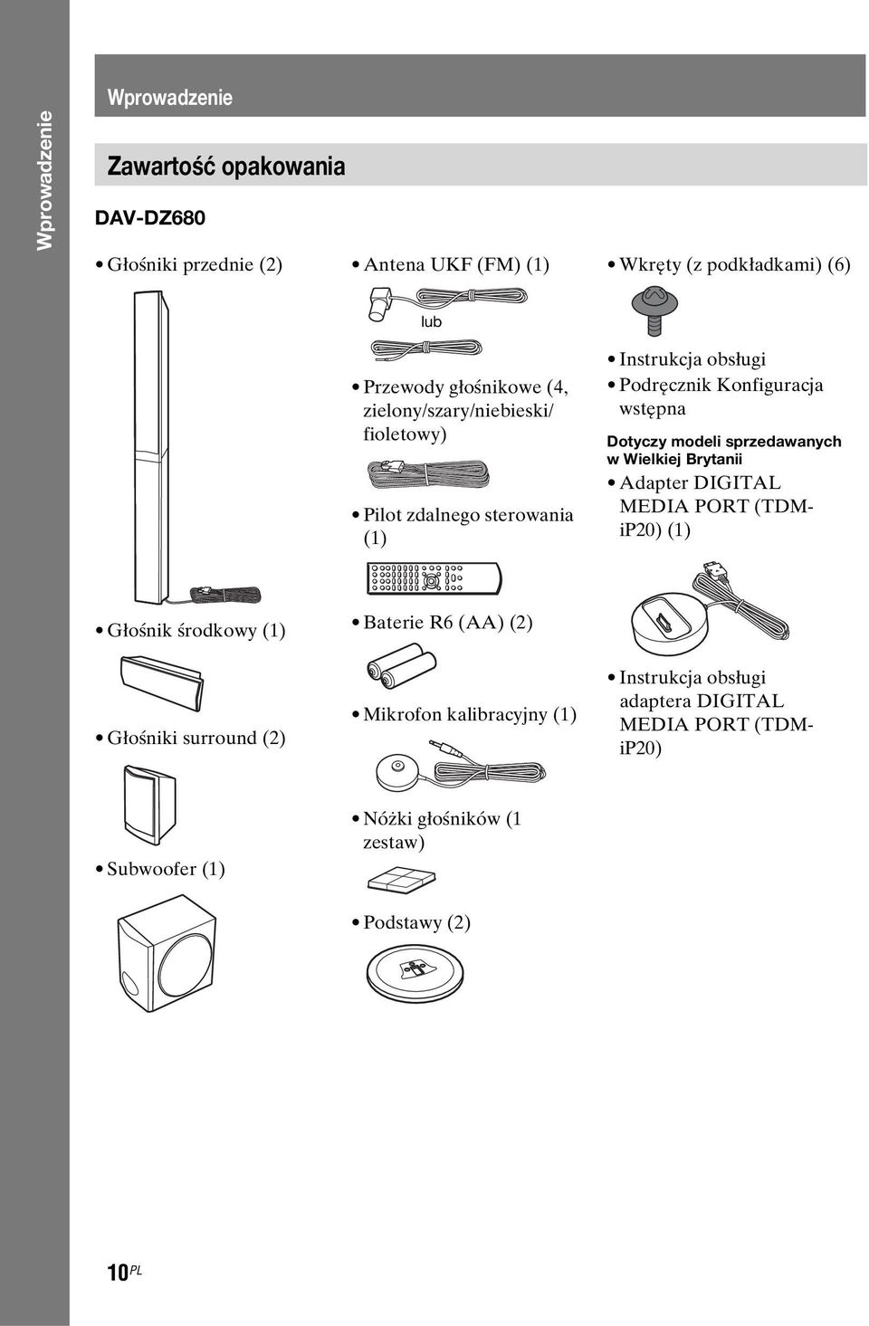 modeli sprzedawanych w Wielkiej Brytanii Adapter DIGITAL MEDIA PORT (TDMiP20) (1) Głośnik środkowy (1) Głośniki surround (2) Baterie R6 (AA)