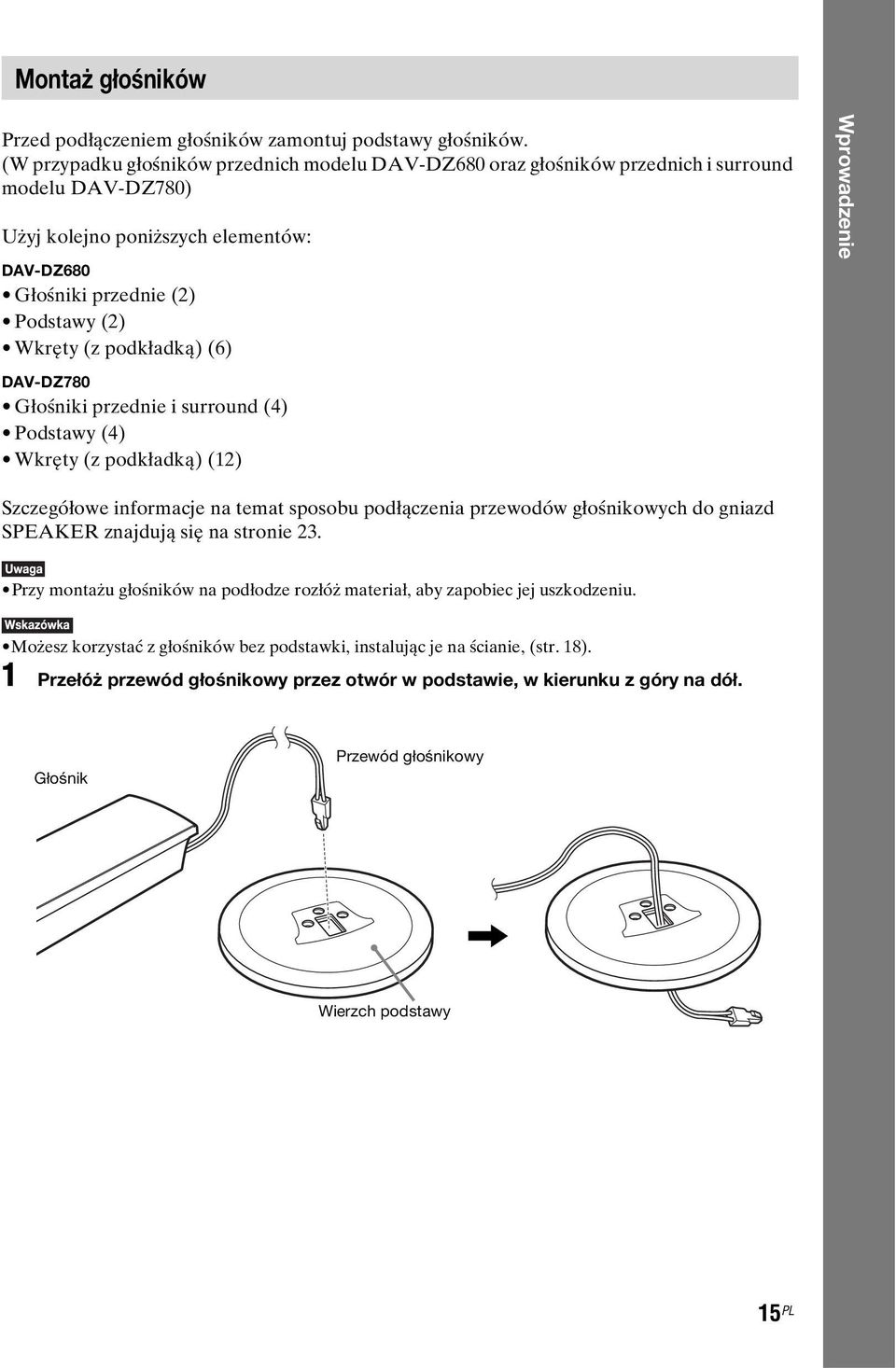 podkładką) (6) DAV-DZ780 Głośniki przednie i surround (4) Podstawy (4) Wkręty (z podkładką) (12) Wprowadzenie Szczegółowe informacje na temat sposobu podłączenia przewodów głośnikowych do gniazd