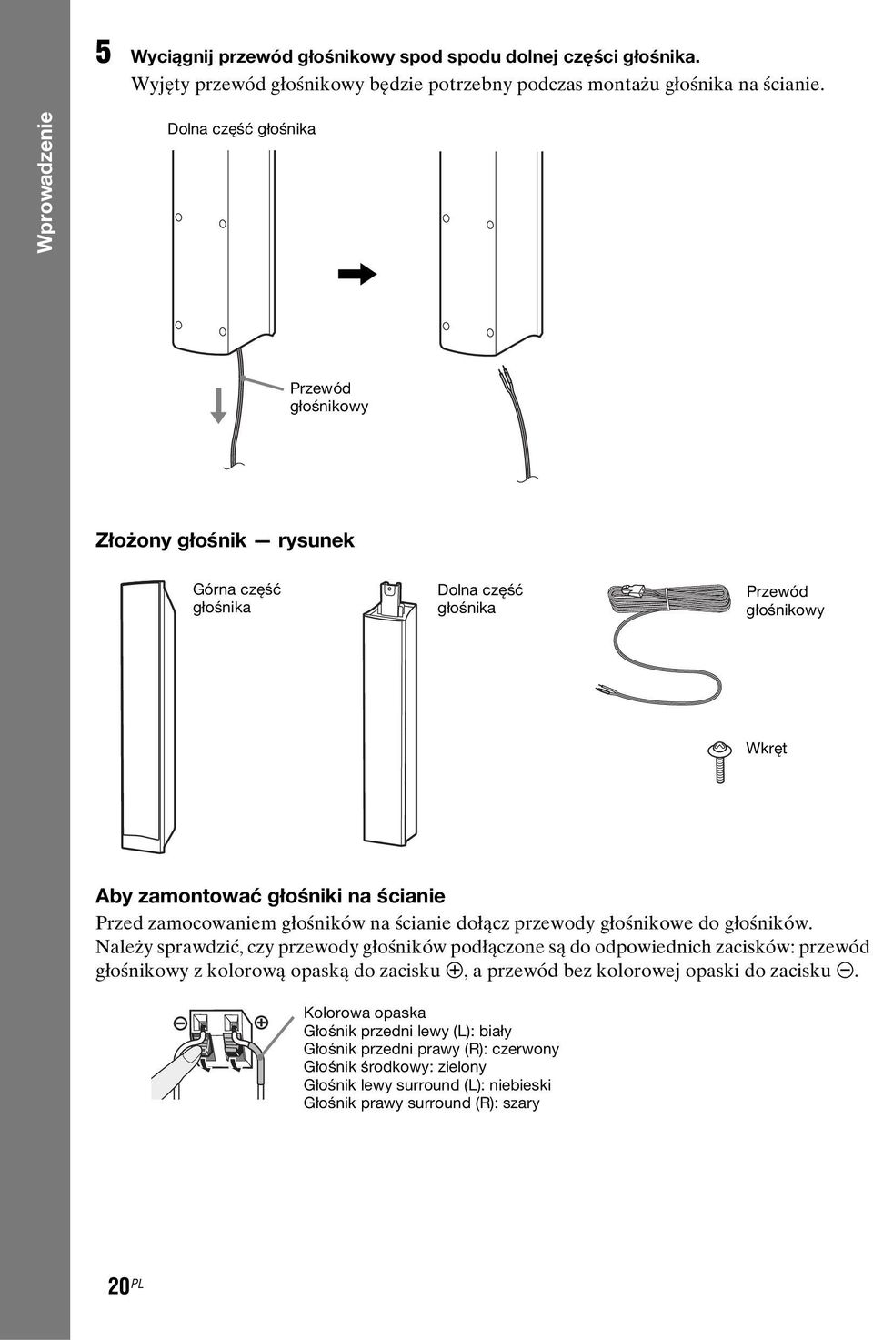 zamocowaniem głośników na ścianie dołącz przewody głośnikowe do głośników.