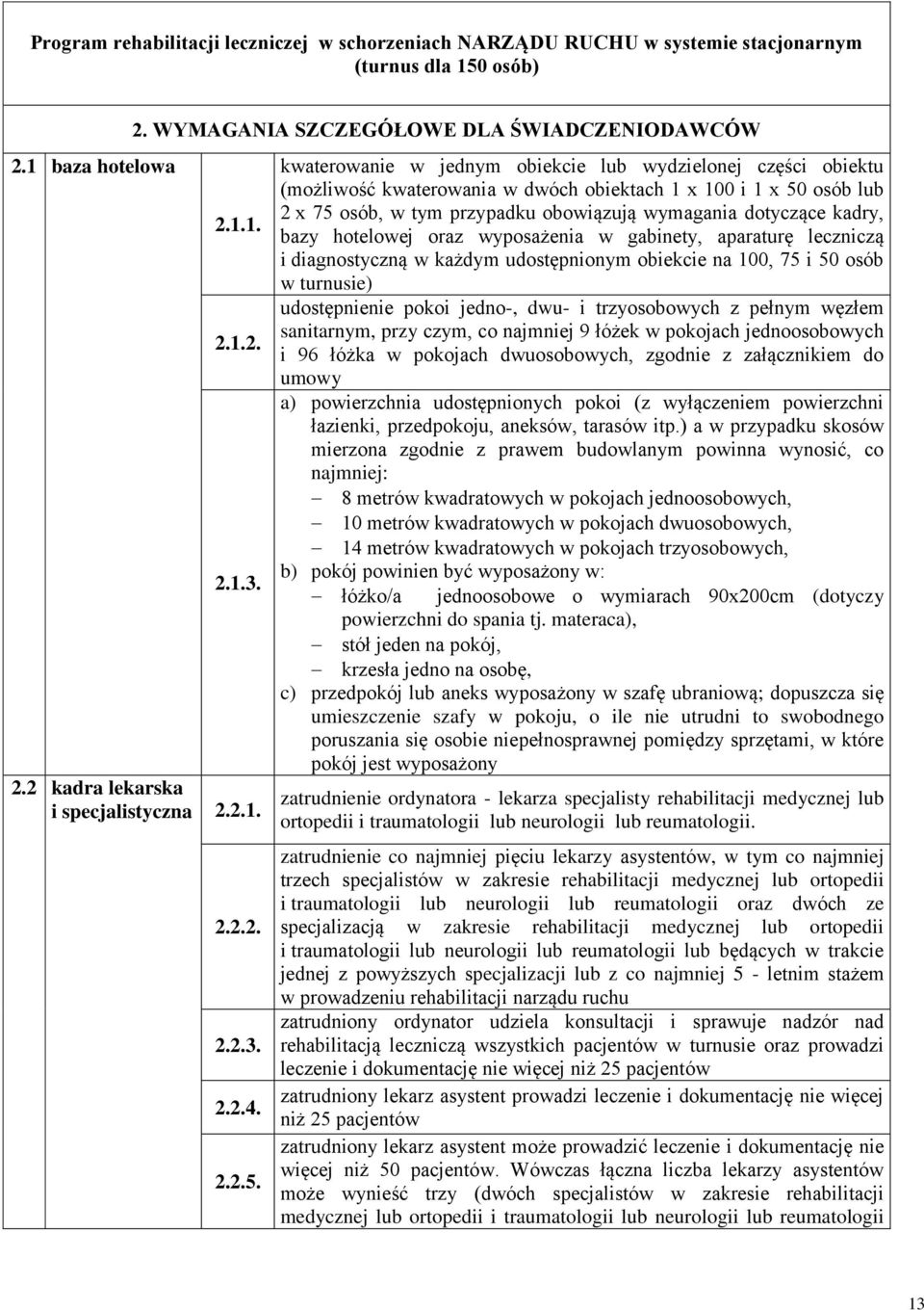 kwaterowanie w jednym obiekcie lub wydzielonej części obiektu (możliwość kwaterowania w dwóch obiektach 1 x 100 i 1 x 50 osób lub 2 x 75 osób, w tym przypadku obowiązują wymagania dotyczące kadry,