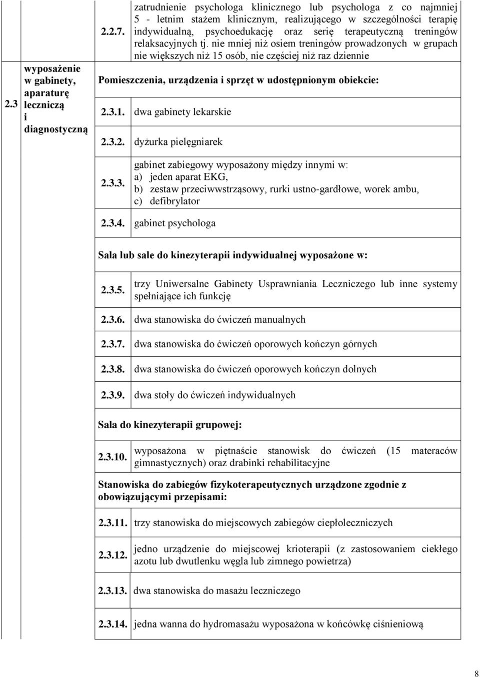 relaksacyjnych tj. nie mniej niż osiem treningów prowadzonych w grupach nie większych niż 15 osób, nie częściej niż raz dziennie Pomieszczenia, urządzenia i sprzęt w udostępnionym obiekcie: 2.3.1. dwa gabinety lekarskie 2.