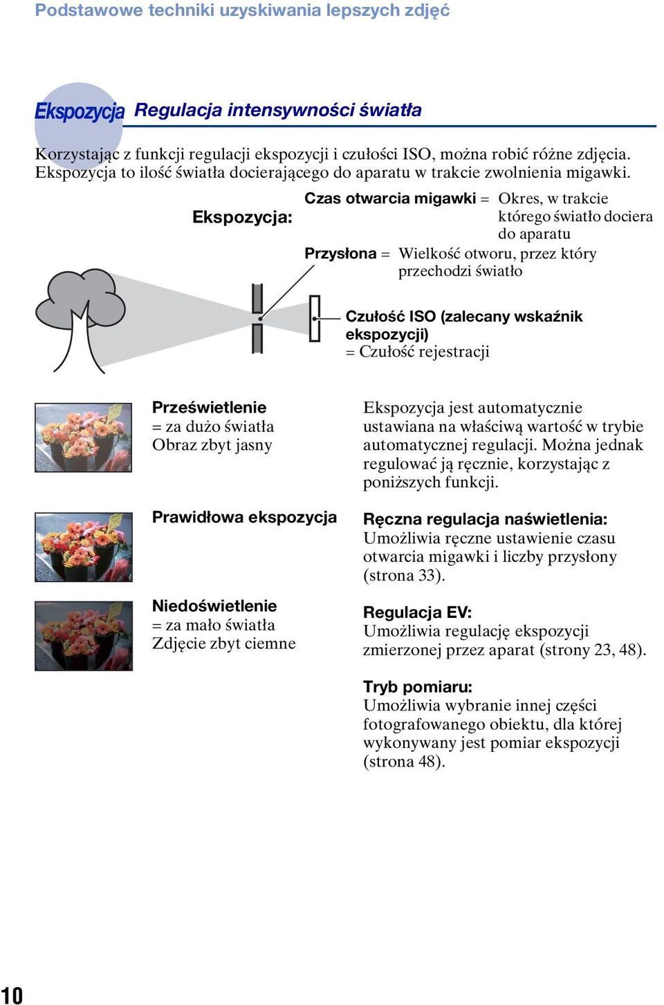 Czas otwarcia migawki = Okres, w trakcie Ekspozycja: którego światło dociera do aparatu Przysłona = Wielkość otworu, przez który przechodzi światło Czułość ISO (zalecany wskaźnik ekspozycji) =