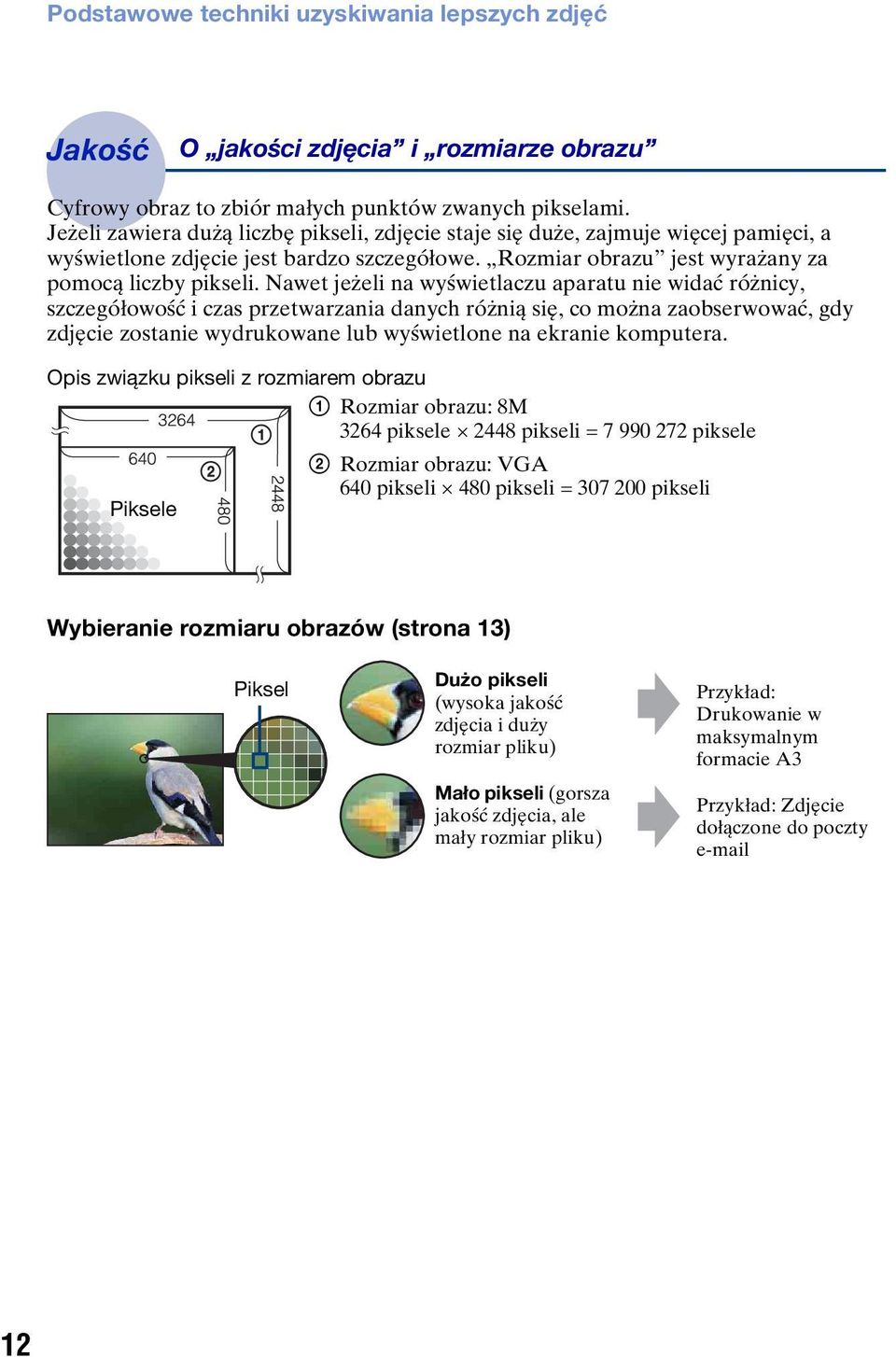 Nawet jeżeli na wyświetlaczu aparatu nie widać różnicy, szczegółowość i czas przetwarzania danych różnią się, co można zaobserwować, gdy zdjęcie zostanie wydrukowane lub wyświetlone na ekranie