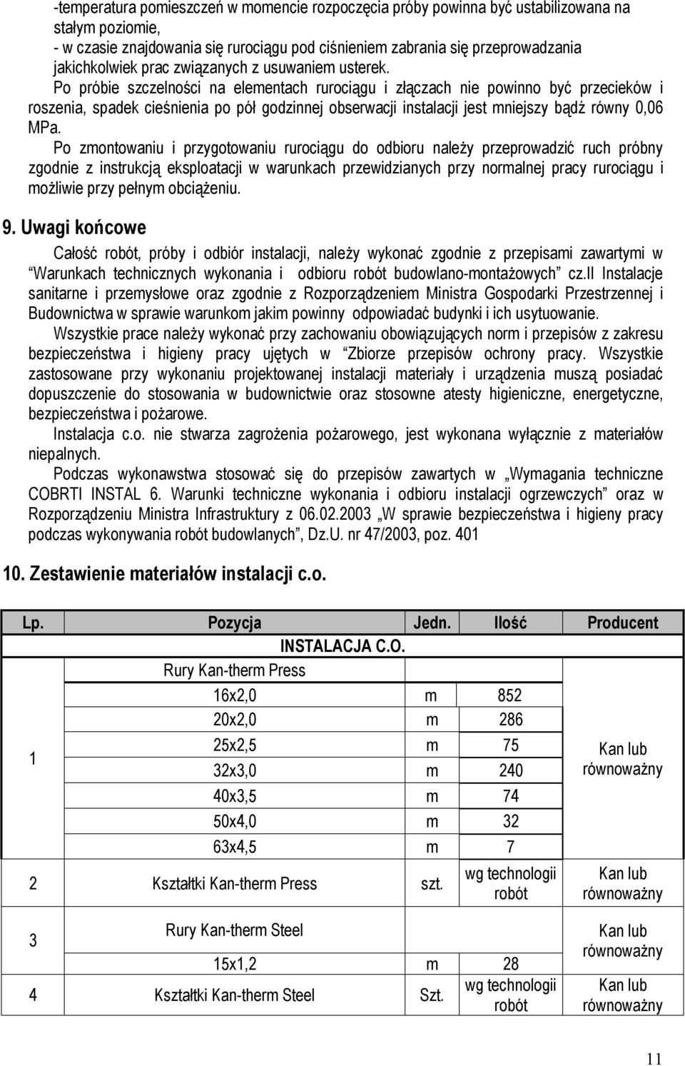 Po próbie szczelności na elementach rurociągu i złączach nie powinno być przecieków i roszenia, spadek cieśnienia po pół godzinnej obserwacji instalacji jest mniejszy bądź równy 0,06 MPa.