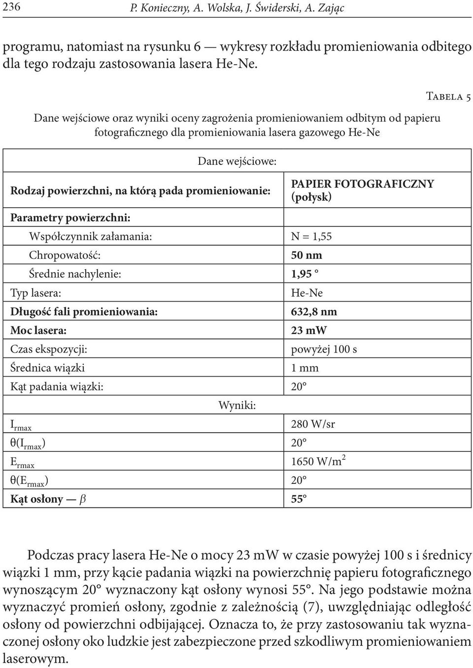 promieniowanie: Parametry powierzchni: Współczynnik załamania: N = 1,55 Chropowatość: PAPIER FOTOGRAFICZNY (połysk) 50 nm Średnie nachylenie: 1,95 Typ lasera: Długość fali promieniowania: Moc lasera: