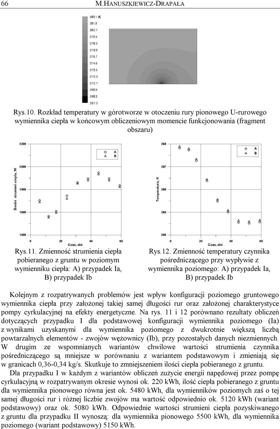 Zmienność temperatury czynnika pośredniczącego przy ypłyie z ymiennika poziomego: A) przypadek Ia, B) przypadek Ib Kolejnym z rozpatryanych problemó jest pły konfiguracji poziomego gruntoego