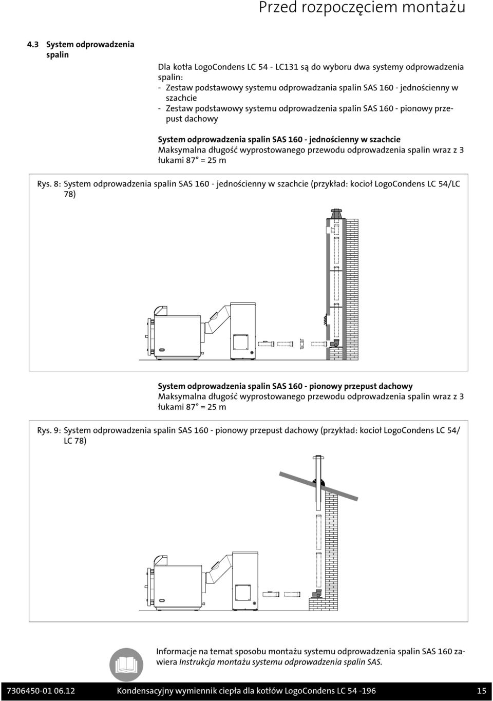 Zestaw podstawowy systemu odprowadzenia spalin SAS 160 - pionowy przepust dachowy System odprowadzenia spalin SAS 160 - jednościenny w szachcie Maksymalna długość wyprostowanego przewodu