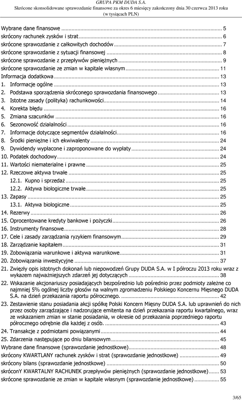 Podstawa sporządzenia skróconego sprawozdania finansowego... 13 3. Istotne zasady (polityka) rachunkowości... 14 4. Korekta błędu... 16 5. Zmiana szacunków... 16 6. Sezonowość działalności... 16 7.