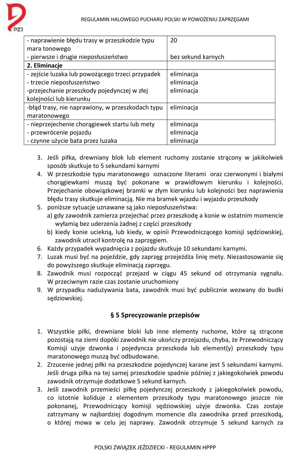 typu maratonowego - nieprzejechenie chorągiewek startu lub mety - przewrócenie pojazdu - czynne użycie bata przez luzaka 20 bez sekund karnych 3.