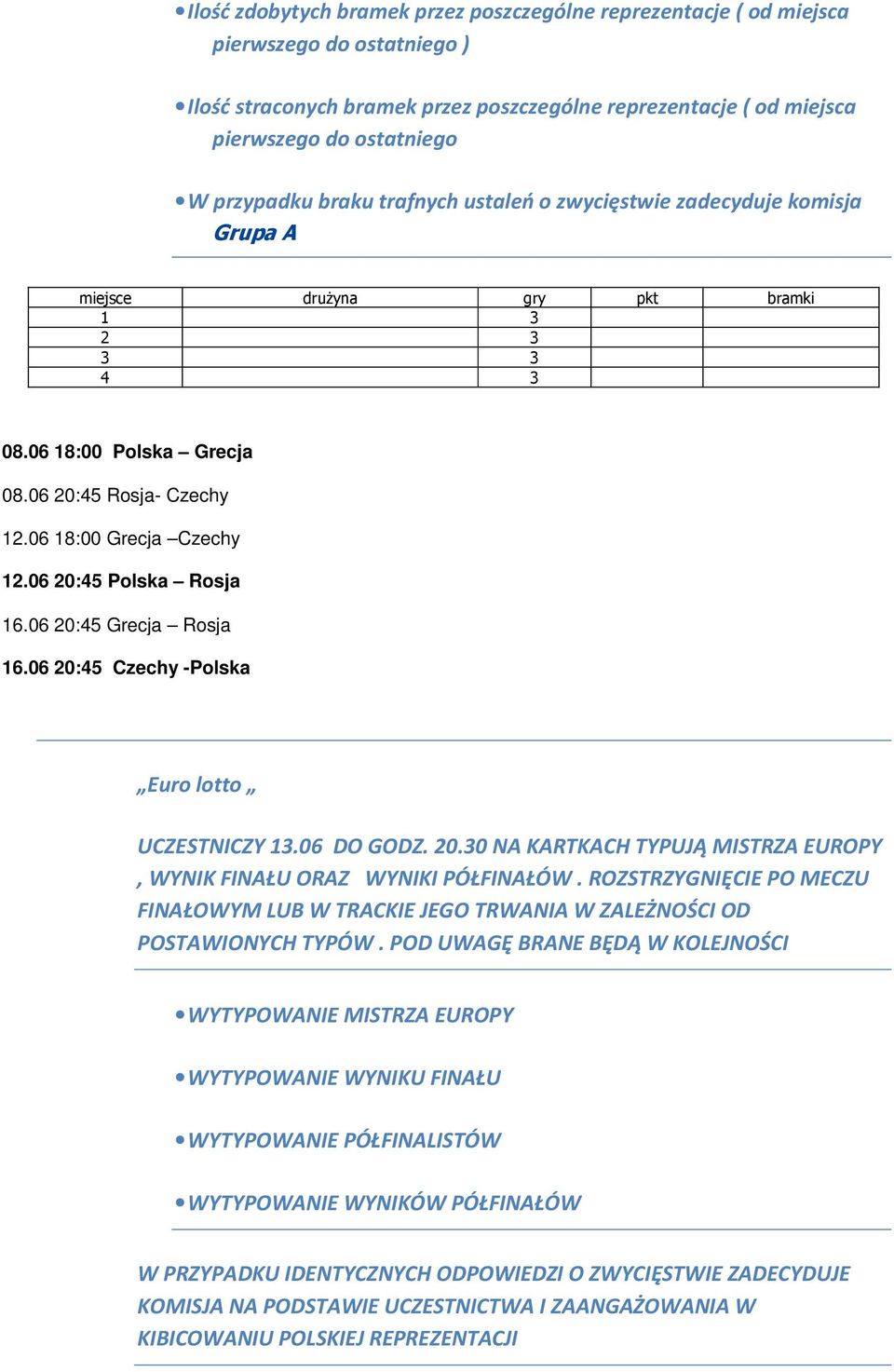 06 18:00 Grecja Czechy 12.06 20:45 Polska Rosja 16.06 20:45 Grecja Rosja 16.06 20:45 Czechy -Polska Euro lotto UCZESTNICZY 13.06 DO GODZ. 20.30 NA KARTKACH TYPUJĄ MISTRZA EUROPY, WYNIK FINAŁU ORAZ WYNIKI PÓŁFINAŁÓW.