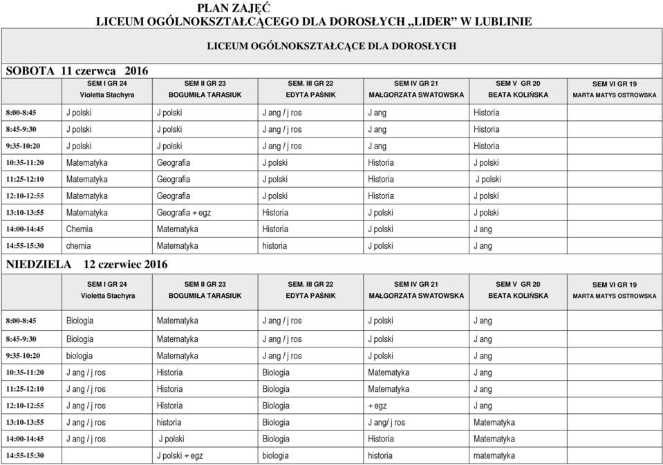 Matematyka Geografia + egz Historia J polski J polski 14:00-14:45 Chemia Matematyka Historia J polski J ang 14:55-15:30 chemia Matematyka historia J polski J ang NIEDZIELA 12 czerwiec 2016 8:00-8:45