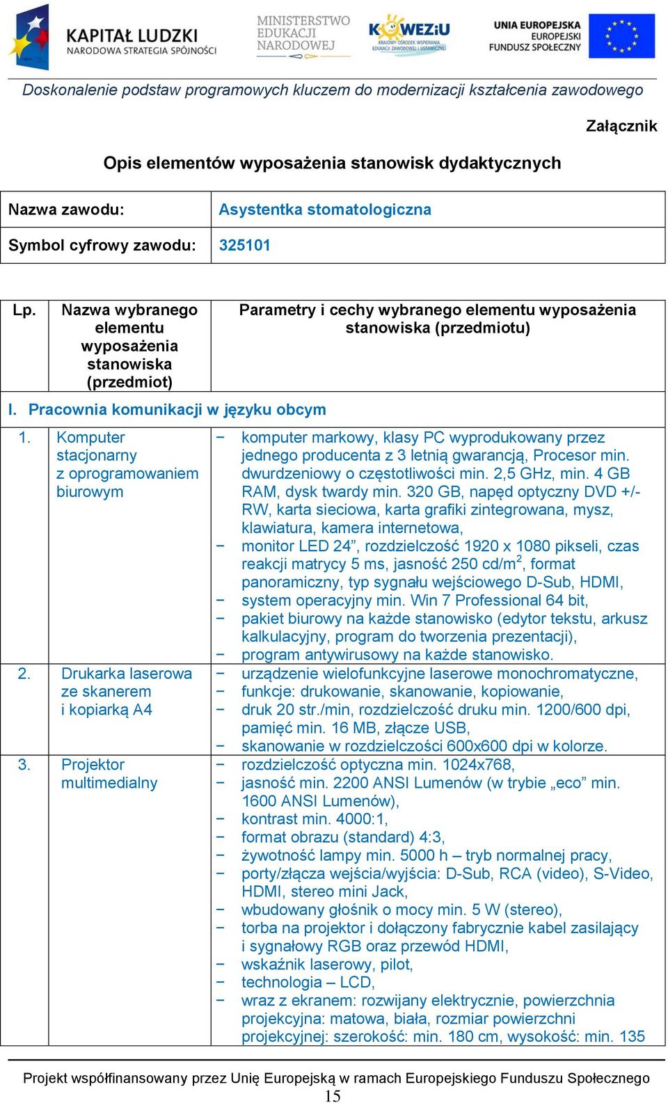 Projektor multimedialny Parametry i cechy wybranego elementu wyposażenia stanowiska (przedmiotu) komputer markowy, klasy PC wyprodukowany przez jednego producenta z 3 letnią gwarancją, Procesor min.