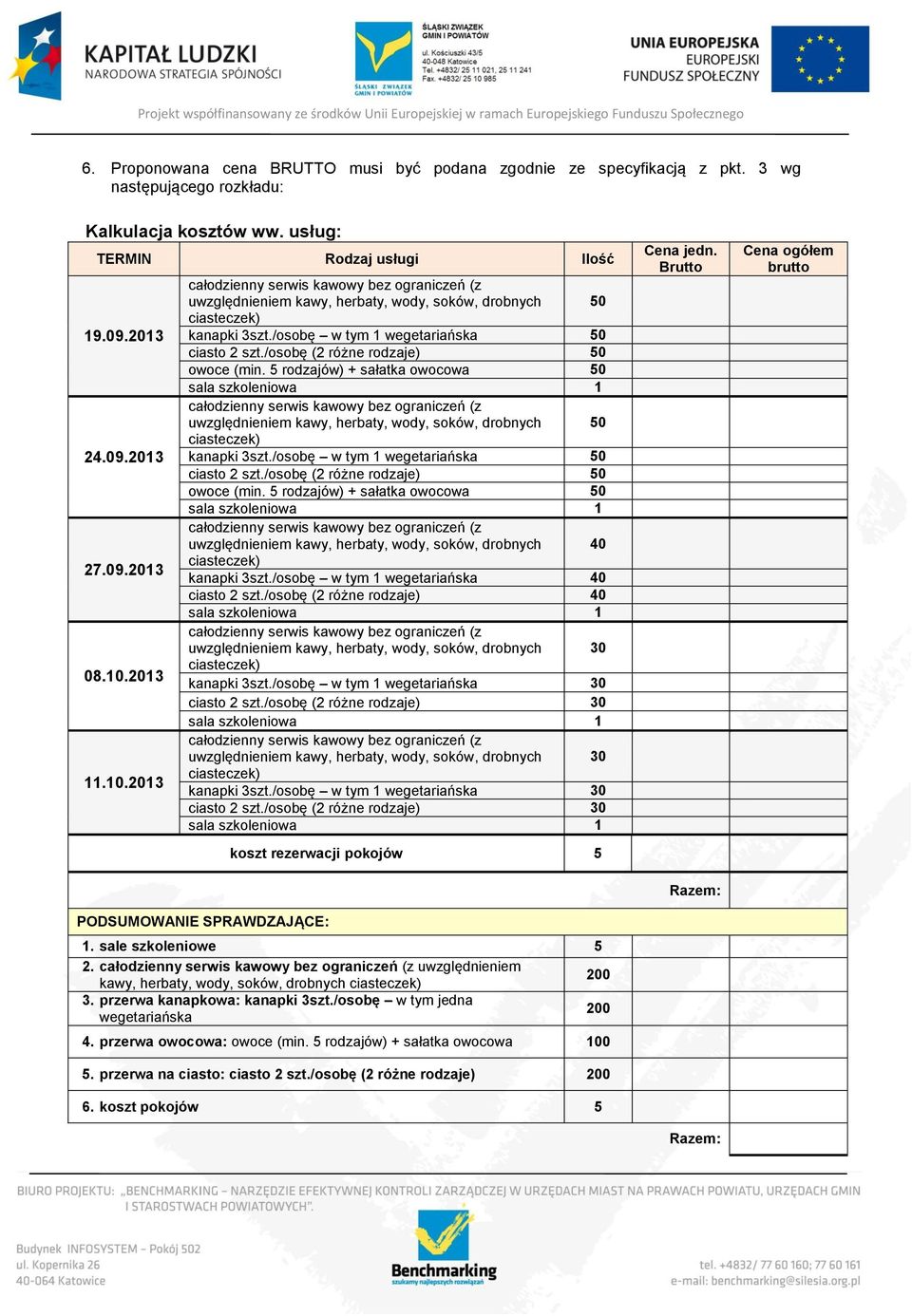 5 rodzajów) + sałatka owocowa 50 uwzględnieniem kawy, herbaty, wody, soków, drobnych 50 kanapki 3szt./osobę w tym 1 wegetariańska 50 ciasto 2 szt./osobę (2 różne rodzaje) 50 owoce (min.