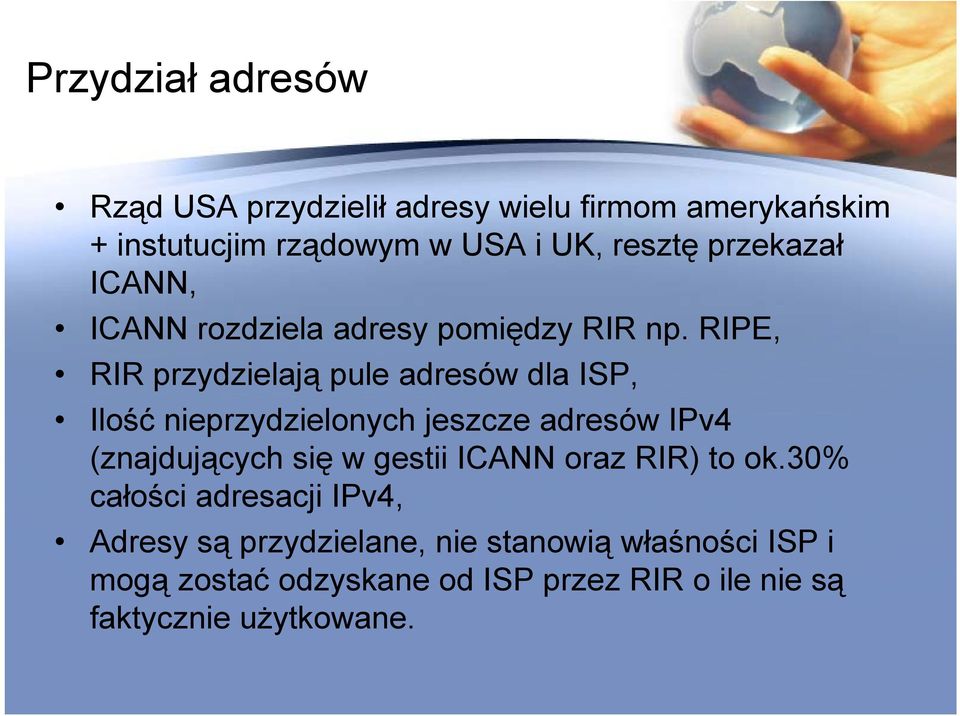 RIPE, RIR przydzielają pule adresów dla ISP, Ilość nieprzydzielonych jeszcze adresów IPv4 (znajdujących j się w