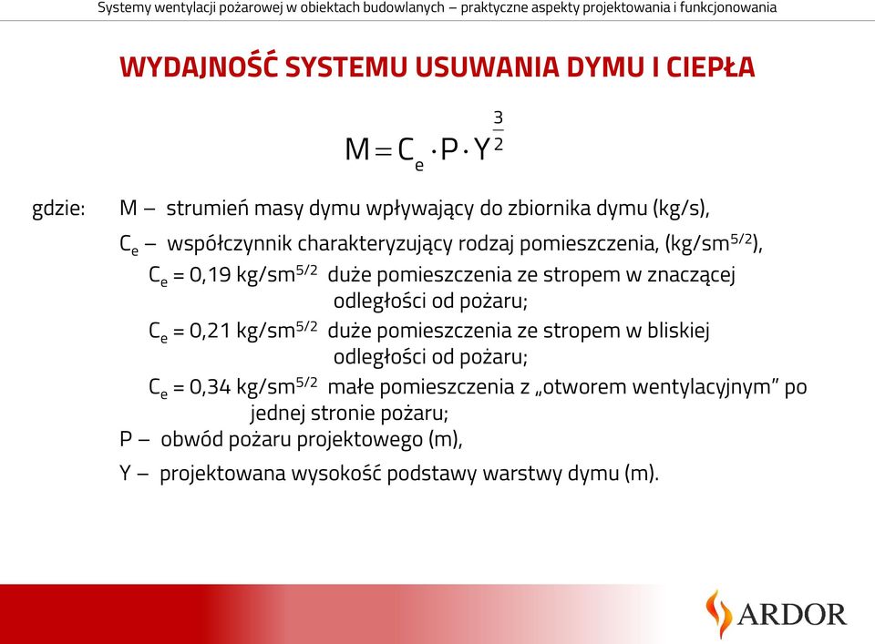 odległości od pożaru; C e = 0,21 kg/sm 5/2 duże pomieszczenia ze stropem w bliskiej odległości od pożaru; C e = 0,34 kg/sm 5/2 małe