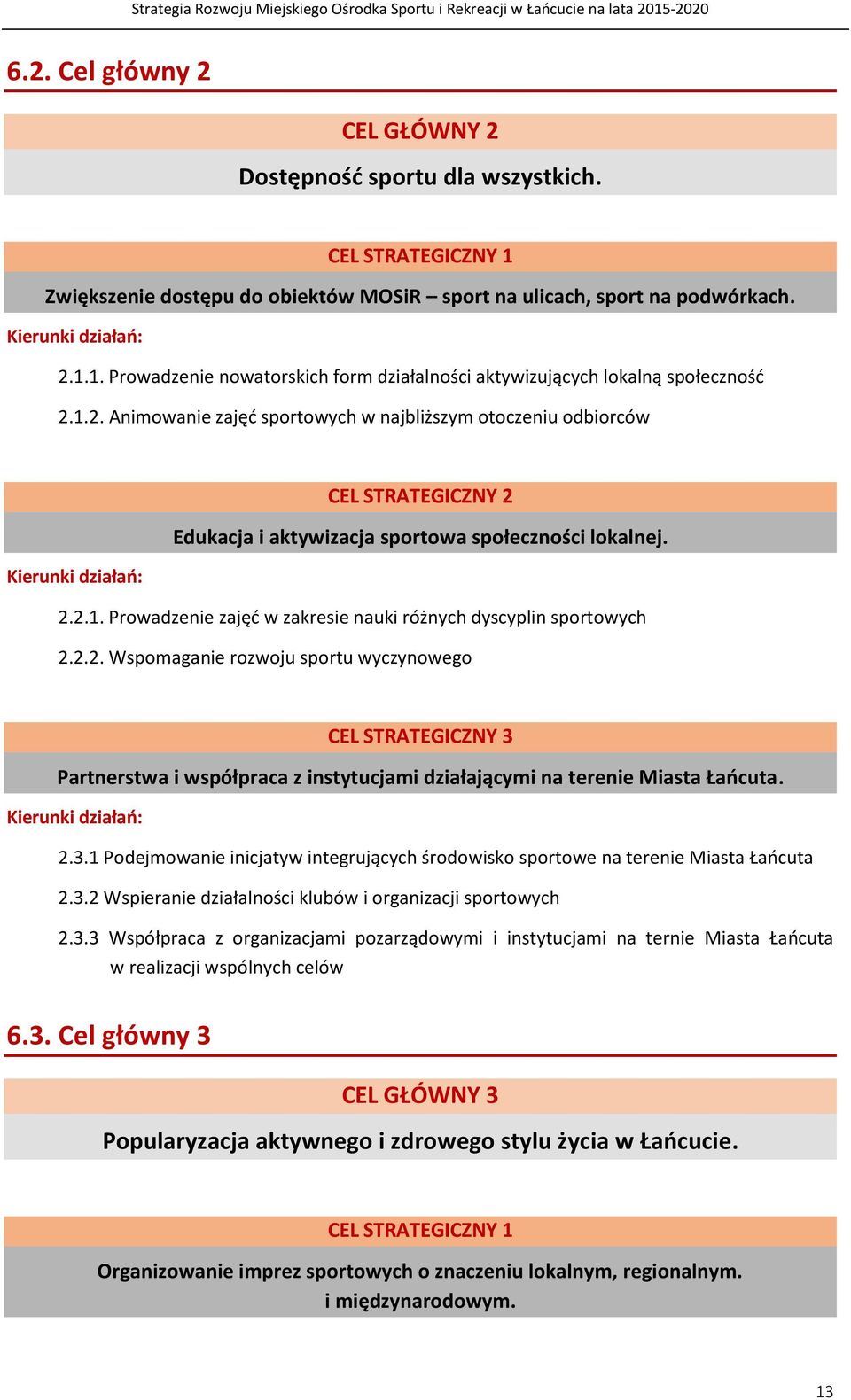 2.2. Wspomaganie rozwoju sportu wyczynowego CEL STRATEGICZNY 3 Partnerstwa i współpraca z instytucjami działającymi na terenie Miasta Łańcuta. Kierunki działań: 2.3.1 Podejmowanie inicjatyw integrujących środowisko sportowe na terenie Miasta Łańcuta 2.