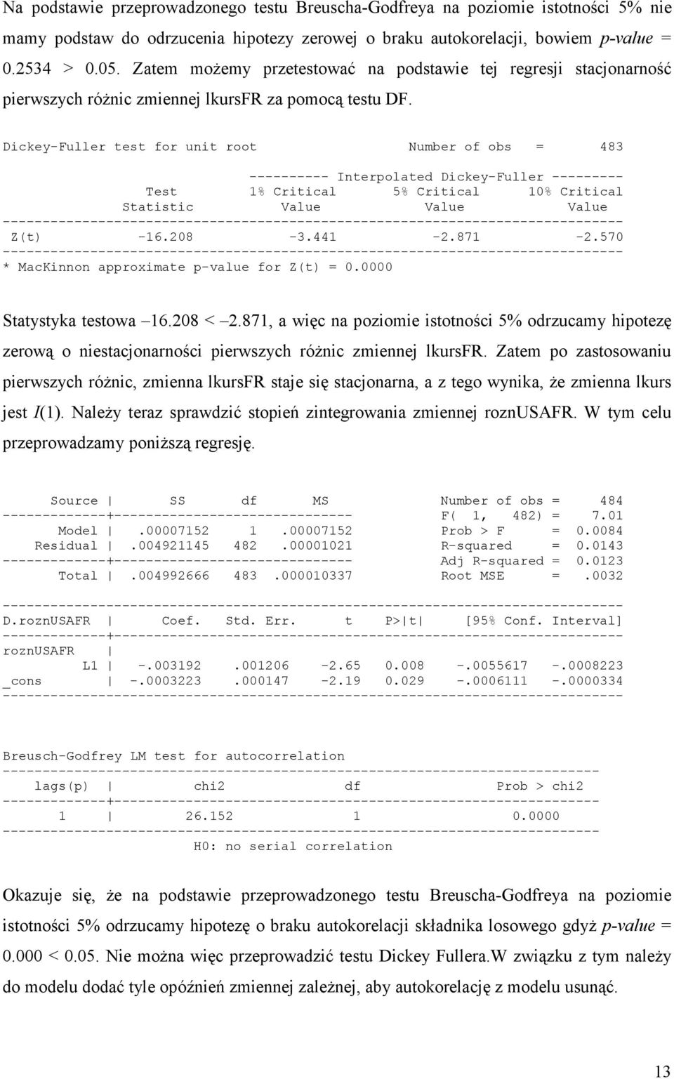 Dickey-Fuller test for unit root Number of obs = 483 ---------- Interpolated Dickey-Fuller --------- Test 1% Critical 5% Critical 10% Critical Statistic Value Value Value Z(t) -16.208-3.441-2.871-2.