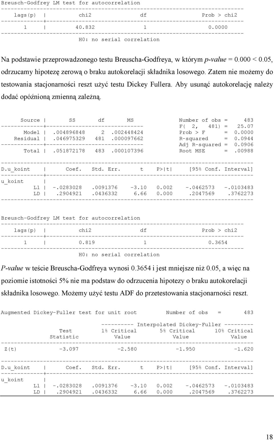 Zatem nie możemy do testowania stacjonarności reszt użyć testu Dickey Fullera. Aby usunąć autokorelację należy dodać opóźnioną zmienną zależną.