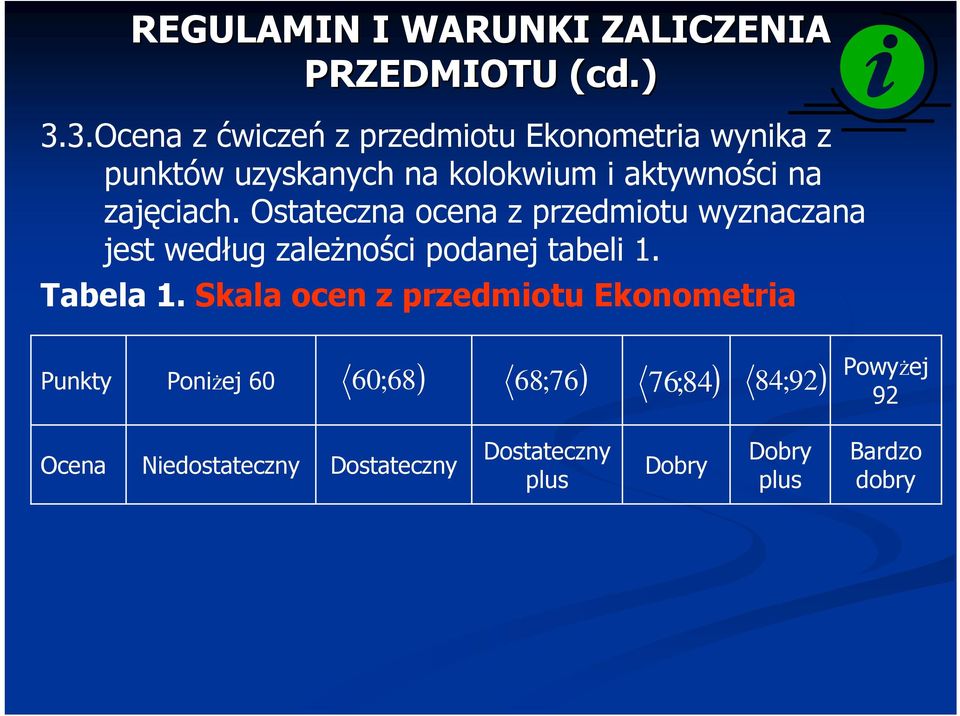 zajęciach. Ostateczna ocena z przedmiotu wyznaczana jest według zależności podanej tabeli 1. Tabela 1.