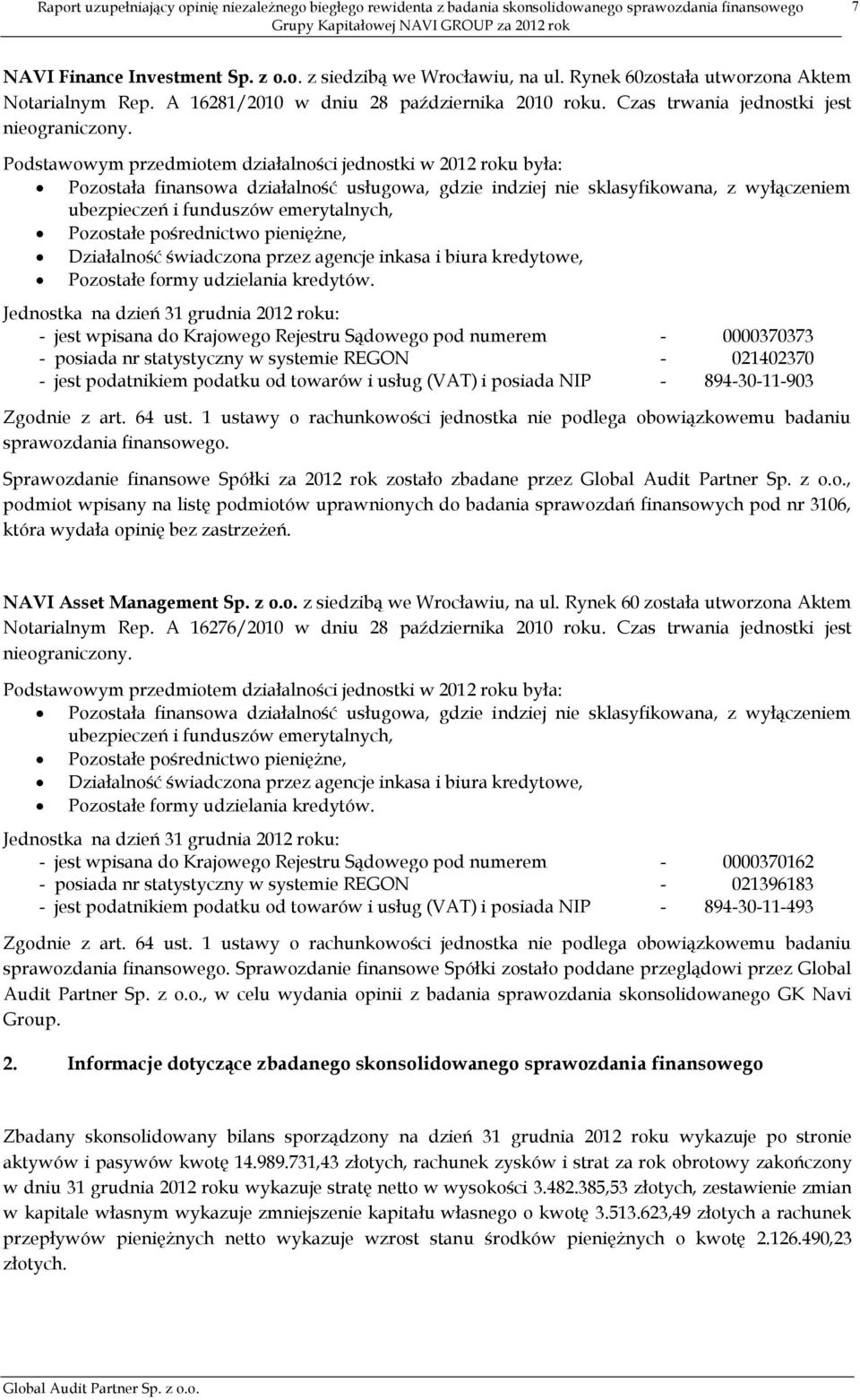 Podstawowym przedmiotem działalności jednostki w 2012 roku była: Pozostała finansowa działalność usługowa, gdzie indziej nie sklasyfikowana, z wyłączeniem ubezpieczeń i funduszów emerytalnych,