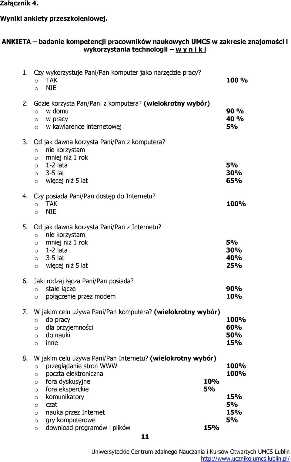 Od jak dawna korzysta Pani/Pan z komputera? o nie korzystam o mniej niż 1 rok o 1-2 lata 5% o 3-5 lat 30% o więcej niż 5 lat 65% 4. Czy posiada Pani/Pan dostęp do Internetu? o TAK 100% o NIE 5.