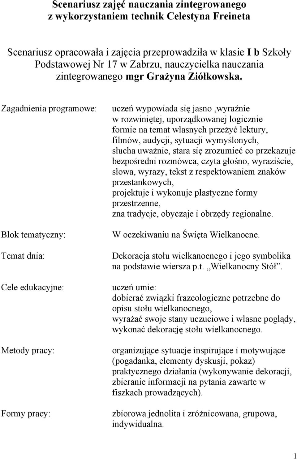 Zagadnienia programowe: Blok tematyczny: Temat dnia: Cele edukacyjne: Metody pracy: Formy pracy: uczeń wypowiada się jasno,wyraźnie w rozwiniętej, uporządkowanej logicznie formie na temat własnych