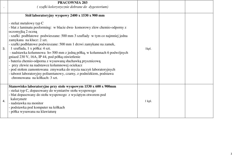 500 mm 3 szuflady w tym co najmniej jedna zamykana na klucz: 2 szt. - szafki podblatowe podwieszane: 500 mm 1 drzwi zamykane na zamek, 1 szuflada, 1 x półka: 4 szt.