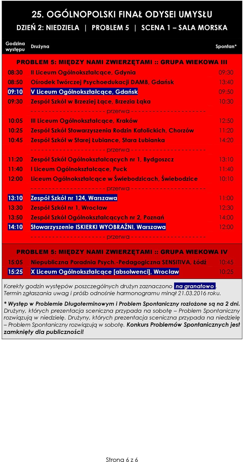 Rodzin Katolickich, Chorzów 11:20 10:45 Zespół Szkół w Starej Łubiance, Stara Łubianka 14:20 11:20 Zespół Szkół Ogólnokształcących nr 1, Bydgoszcz 13:10 11:40 I Liceum Ogólnokształcące, Puck 11:40