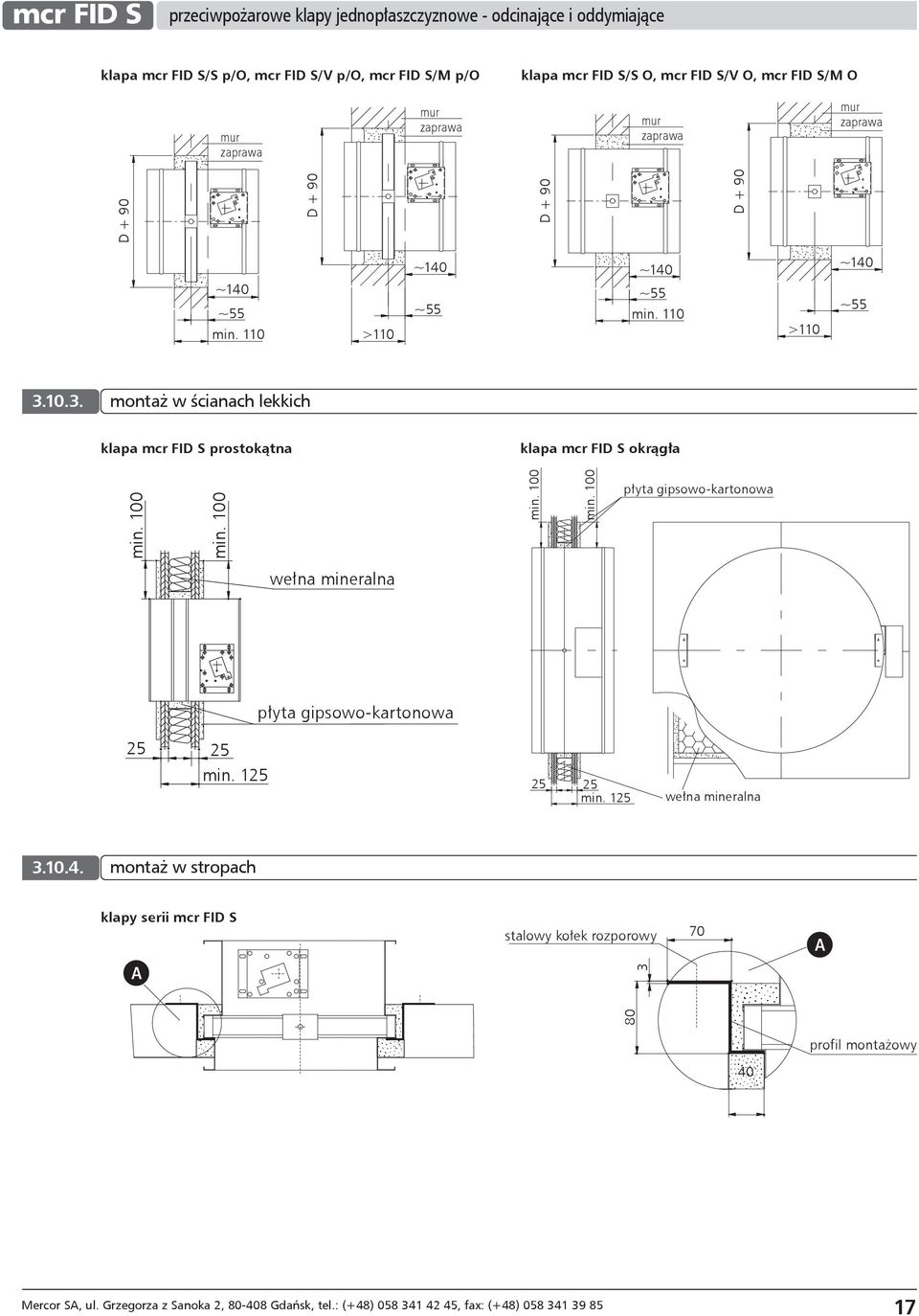 10.3. montaż w ścianach lekkich klapa mcr FID S prostokątna klapa mcr FID S okrągła min. 100 min. 100 min. 100 min. 100 płyta gipsowo-kartonowa wełna mineralna płyta gipsowo-kartonowa 25 25 min.