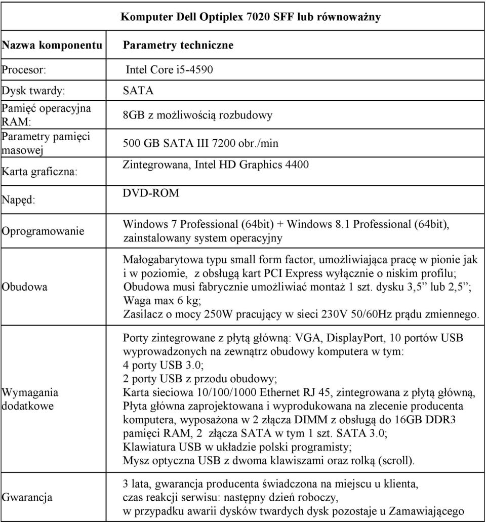 1 Professional (64bit), zainstalowany system operacyjny Małogabarytowa typu small form factor, umożliwiająca pracę w pionie jak i w poziomie, z obsługą kart PCI Express wyłącznie o niskim profilu;